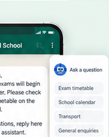 WhatsApp-style school parent alert with exam timetable quick replies
